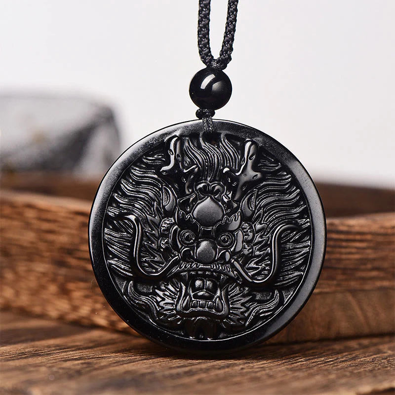 Buddha Stones Dragon Black Obsidian Transformation Fulfilment Necklace Pendant