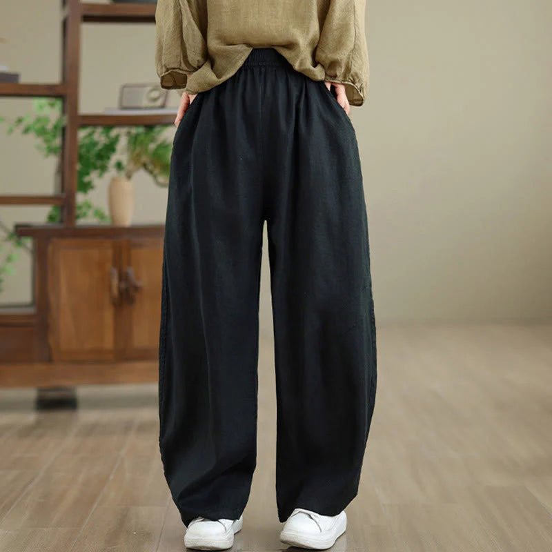 Buddha Stones Casual Plain Cotton Women's Wide Leg Pants With Pockets