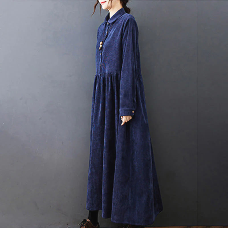 Buddha Stones Fall Buttons Design Long Sleeve Cotton Corduroy Midi Dress With Pockets