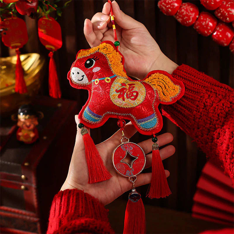 Buddha Stones Embroidery Year Of The Horse Fu Character Copper Coin Shape Red String Hanging Decoration