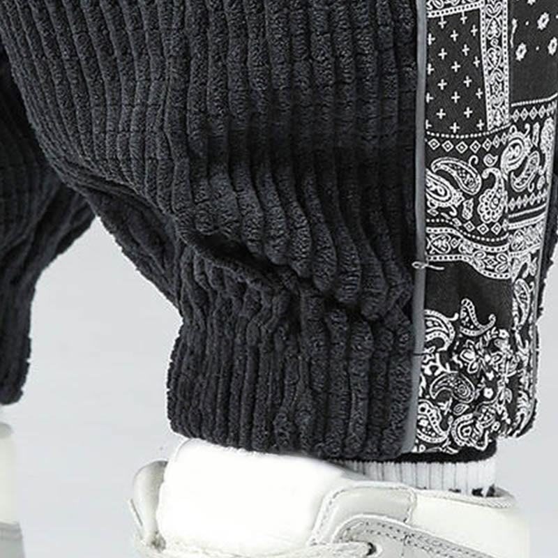 Buddha Stones Fall Solid Drawstring Side Paisley Pattern Straight Leg Ankle-length Corduroy Men's Pants With Pockets