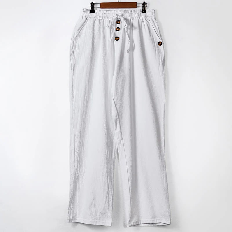 Buddha Stones Solid Color Buttons Drawstring Men's Cotton Pants With Pockets