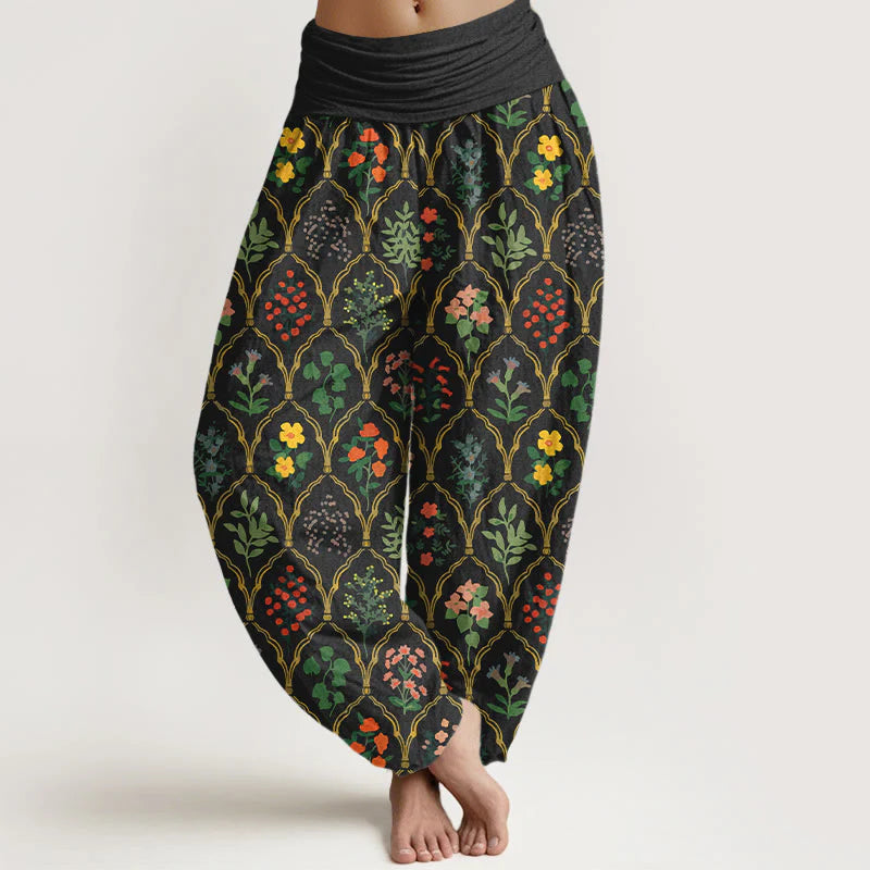 Buddha Stones Pure Cotton Brilliant Flowers Berries Leaves Pattern Women's Elastic Waist Harem Pants