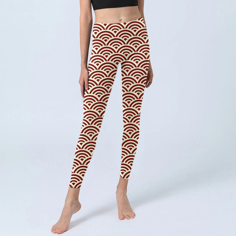Buddha Stones Red Beige Fan Shapes Print Gym Leggings Women's Yoga Pants