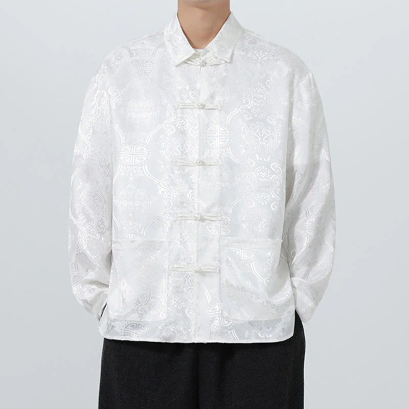 Buddha Stones Spring Jacquard Lapel Long Sleeve Men's Tang Suit Frog-Button Jacket With Pockets