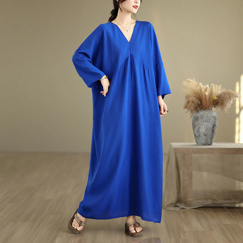 Buddha Stones Fall Pure Color V-Neck Long Sleeve Cotton Midi Dress