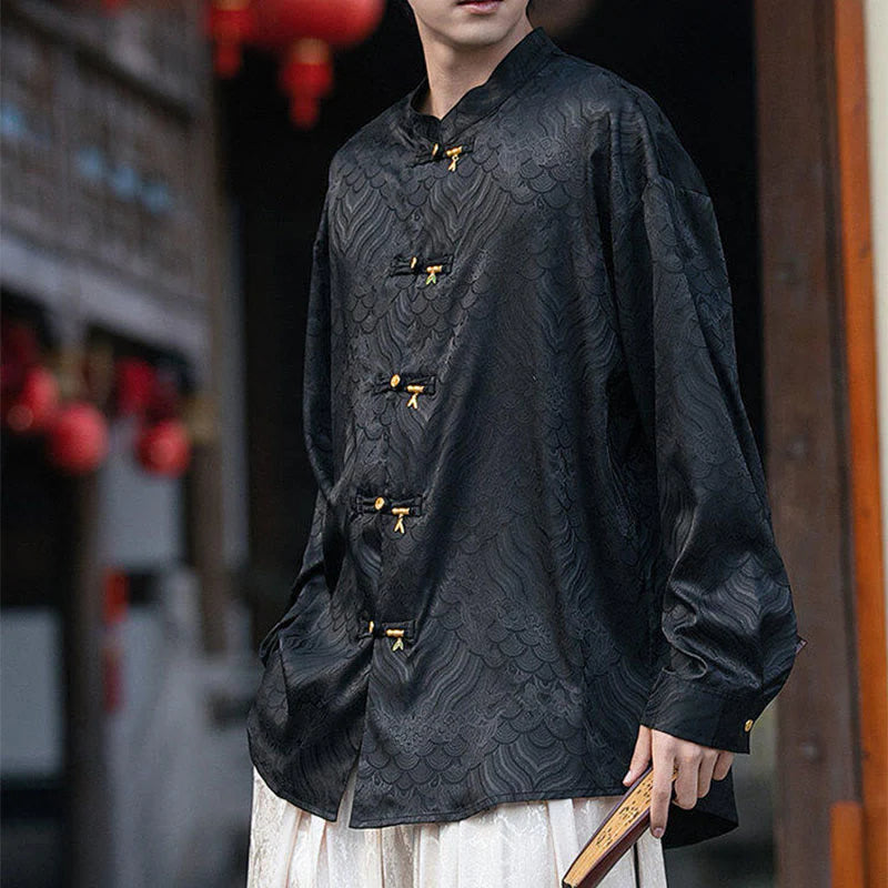 Buddha Stones Chinese Frog-Button Bamboo Shape Design Stand Collar Men's Long Sleeve Shirt