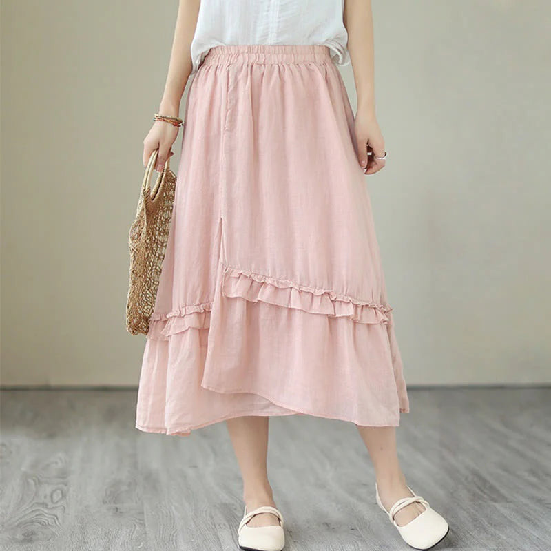 Buddha Stones Vintage Artistic Pure Color Ruffled Design Irregular Women's Cotton Linen Skirt