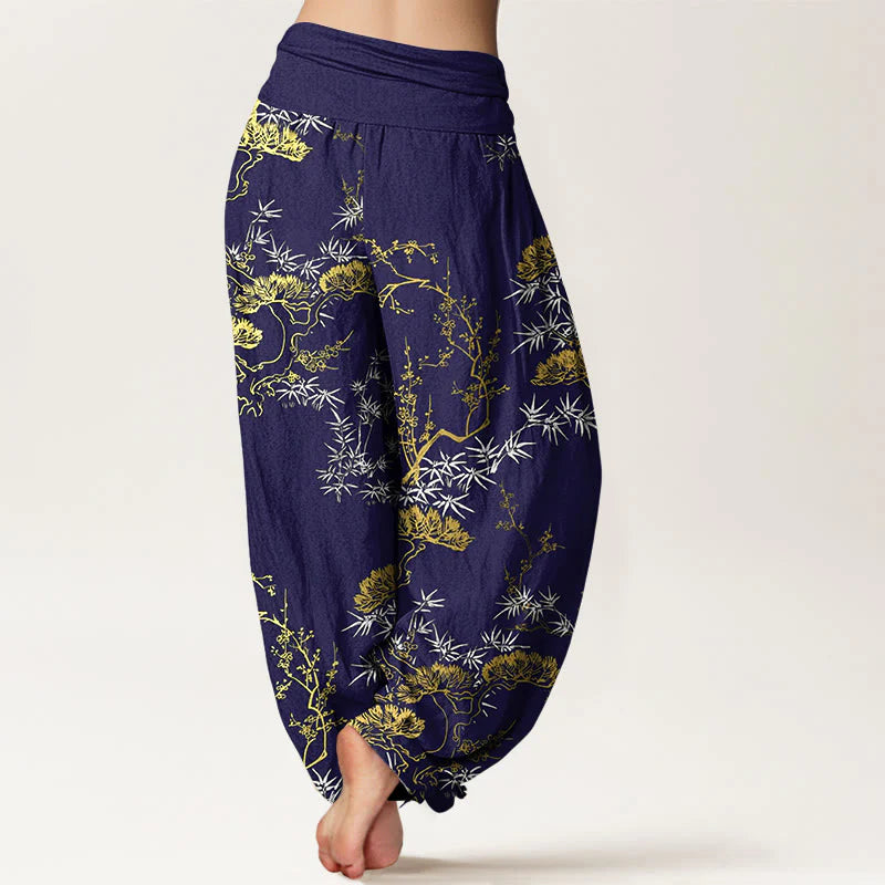 Buddha Stones Pure Cotton Pine Bamboo Plum Pattern Women's Elastic Waist Harem Pants