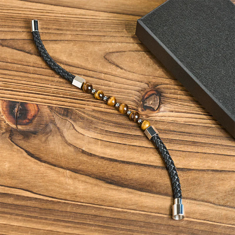 Buddha Stones Tiger Eye Titanium Steel Courage Balance Leather Bracelet