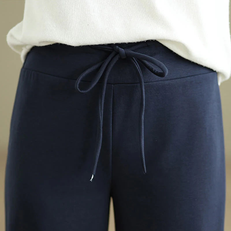 Buddha Stones Plain Drawstring Cotton Polyester Women's Wide Leg Pants With Pockets