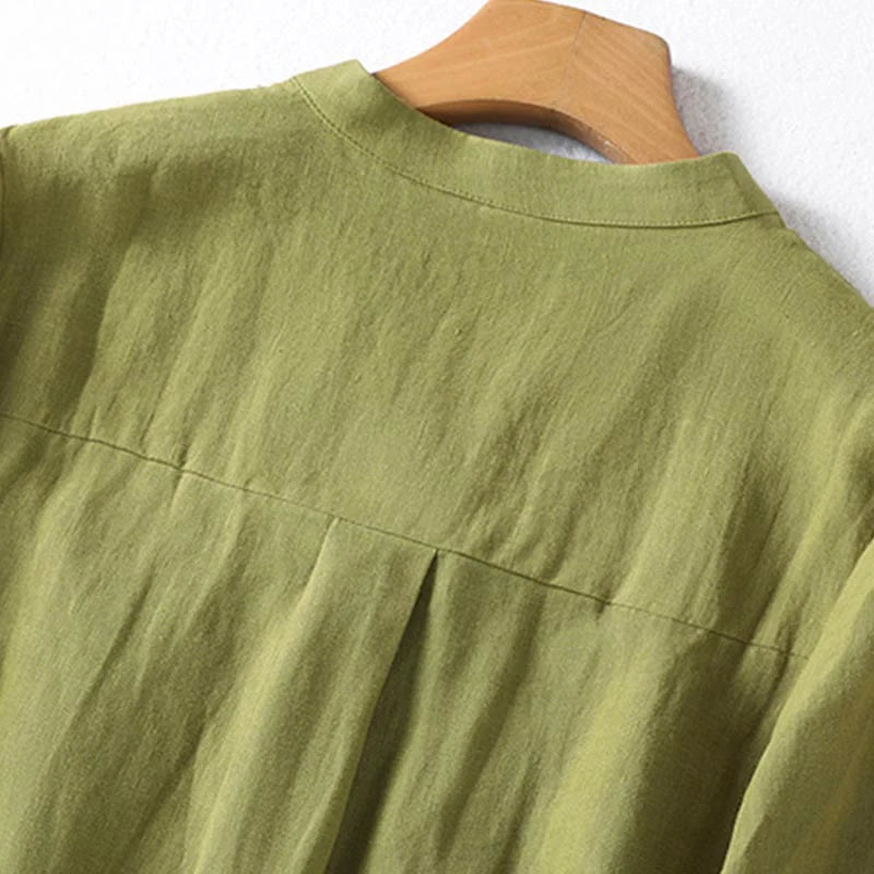Buddha Stones Spring Dark Khaki Stand Collar Half Buttons Design Women's Long Sleeve Shirt