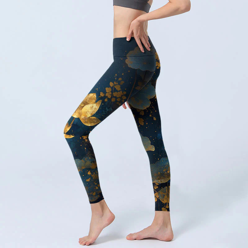 Buddha Stones Elegant Dignified Lotus Flower Leaf Spot Pattern Print Gym Leggings Women's Yoga Pants