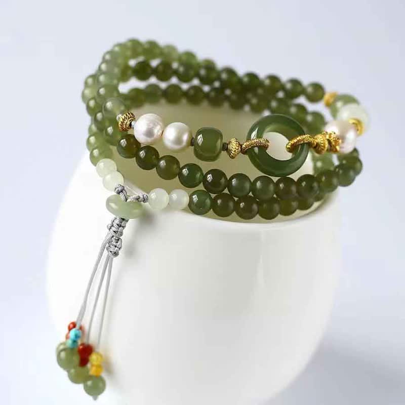 Buddha Stones Hetian Jade Pearl Peace Buckle Luck Wealth String Bracelet