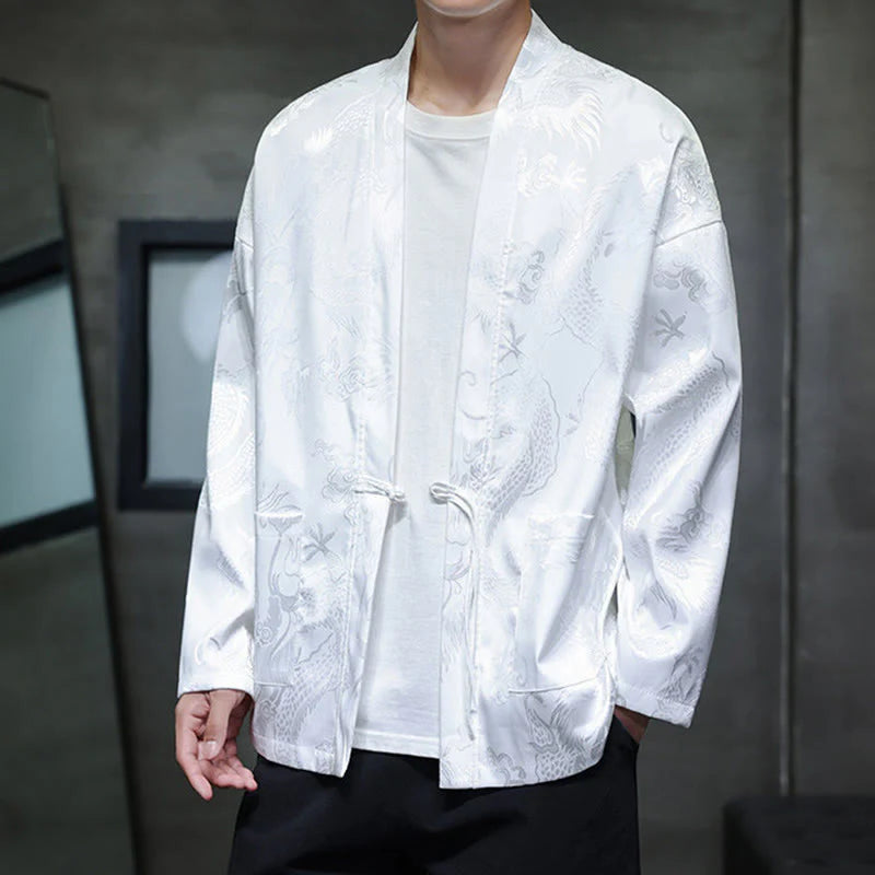 Buddha Stones Frog-Button Dragon Jacquard Stand Collar Long Sleeve Tang Suit Men's Shirt