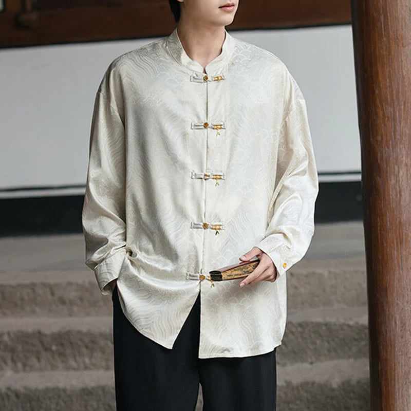 Buddha Stones Chinese Frog-Button Bamboo Shape Design Stand Collar Men's Long Sleeve Shirt