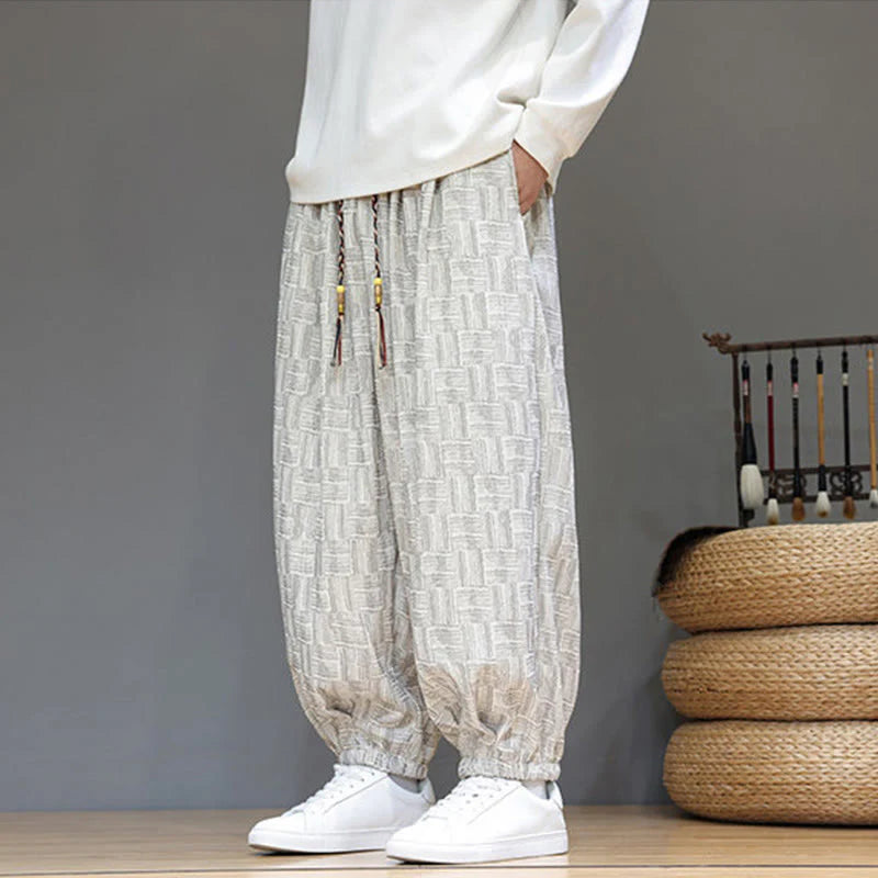 Buddha Stones Fall Jacquard Plaid Pattern Cotton Corduroy Men's Harem Pants With Pockets