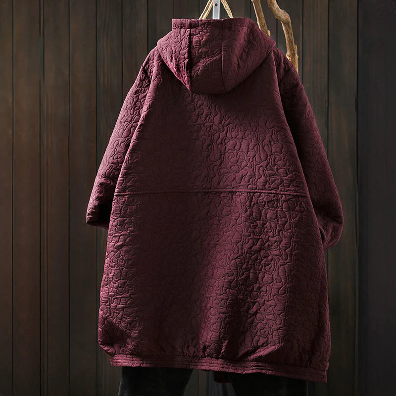 Buddha Stones Fall Buttons Long Sleeve Mid-length Jacquard Cotton Women's Jacket With Pockets