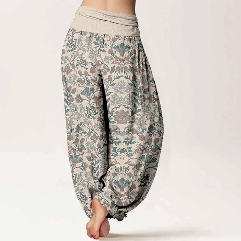 Buddha Stones Pure Cotton Complicated Flower Leaves Vine Pattern Women's Elastic Waist Harem Pants
