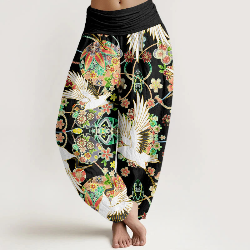 Buddha Stones Cotton Casual Crane Floral Geometric Pattern Elastic Waist Women's Harem Pants