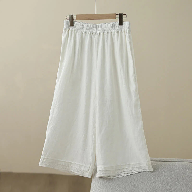 Buddha Stones Commute Retro Plain Lace Patchwork Design 7-8 Length Women's Wide Leg Cotton Pants With Pockets