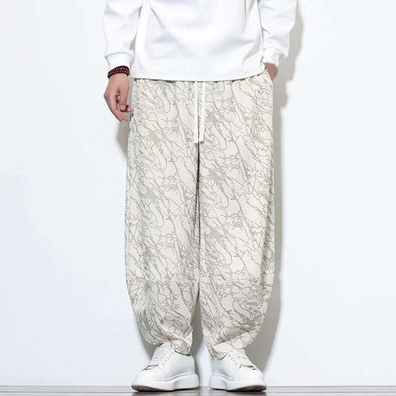 Buddha Stones Fall Textured Lines Print Cotton Elastic Waist Ankle-Length Men's Harem Pants With Pockets