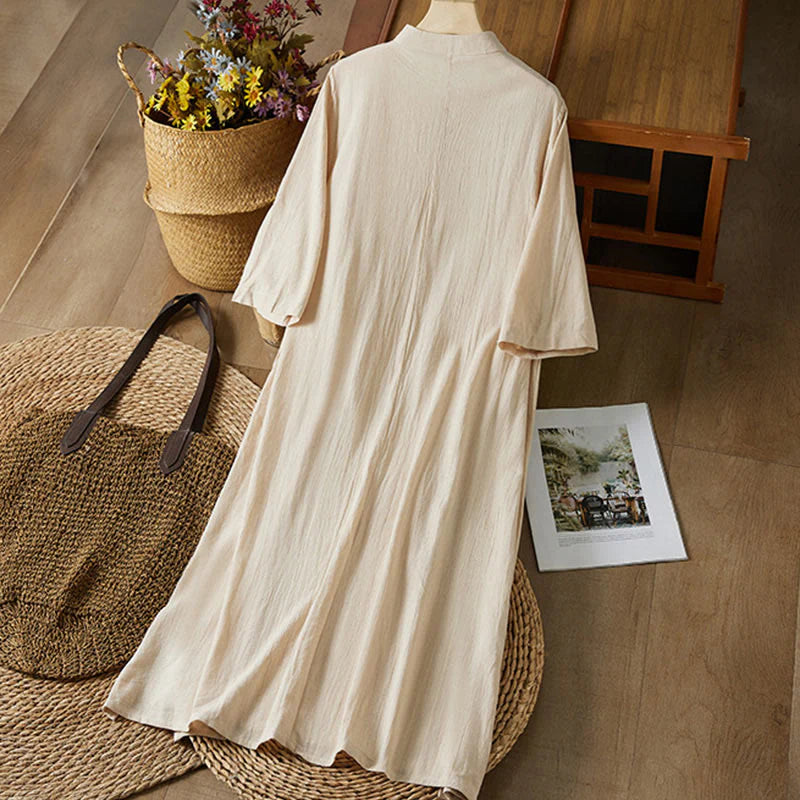 Buddha Stones Vintage Embroidery Frog-button Half Sleeve High Waist Cotton Linen Women's Midi Dress
