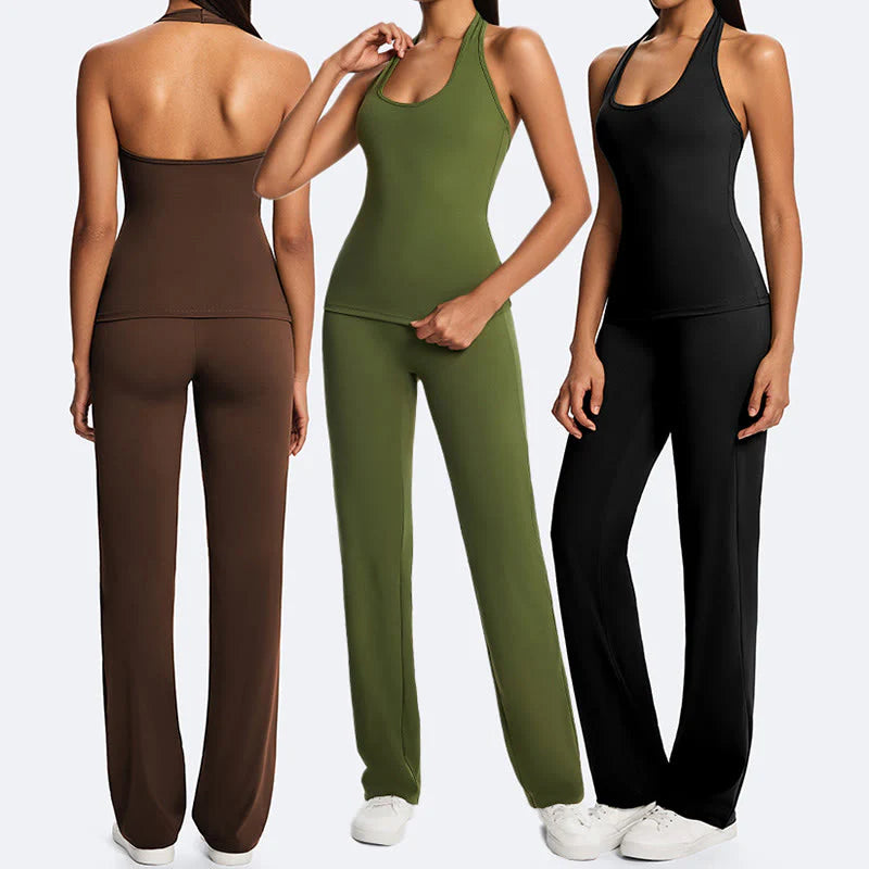 Buddha Stones Solid Crop Halter Backless Sleeveless Top Straight Leg Pants For Sports Fitness Yoga