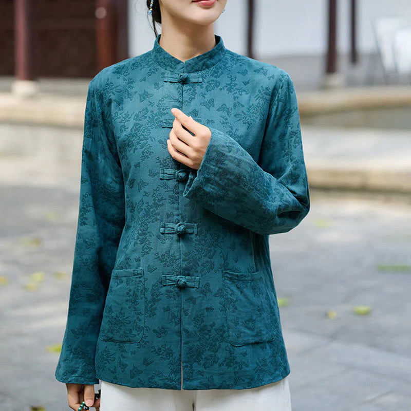 Buddha Stones Frog-Button Long Sleeve Cotton Jacquard Women's Shirt Pants With Pockets