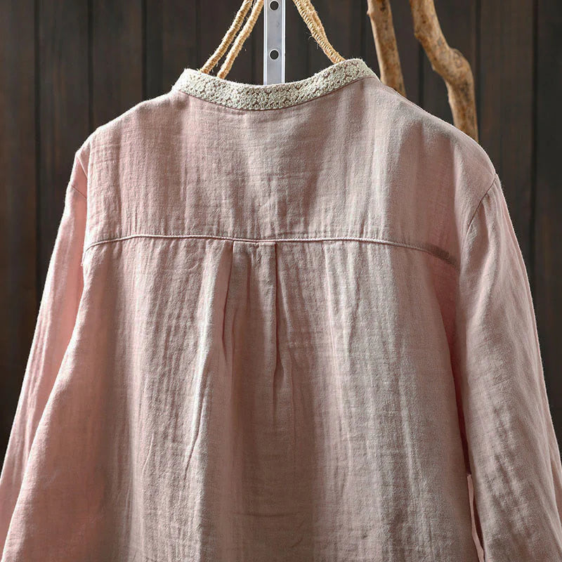 Buddha Stones Spring Fall Lace Collar Button Down Long Sleeve Women's Cotton Shirt