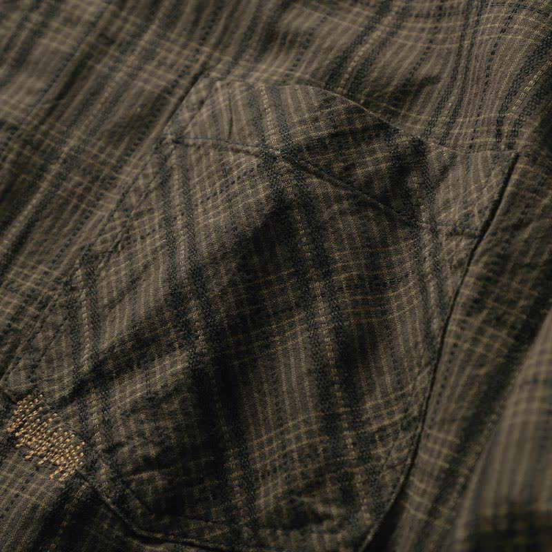 Buddha Stones Fall Commute Embroidery Plaid Pattern Men's Cotton Long Sleeve Shirts With Pocket