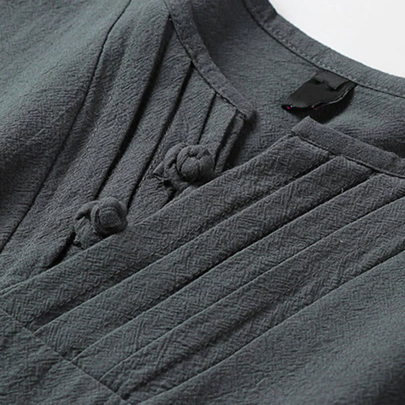 Buddha Stones Summer V-Neck Frog-Button Short Sleeve Clouds Embroidery Cotton Linen Men's Shirt