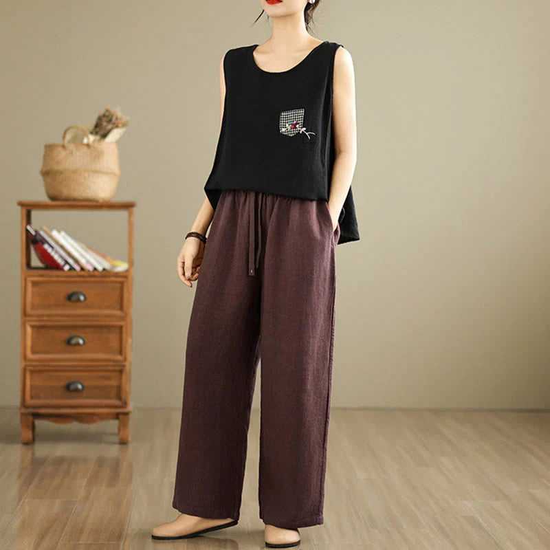 Buddha Stones Commute Retro Solid Color Women's Harem Drawstring Cotton Pants With Pockets