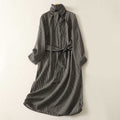Buddha Stones Fall Black White Plaid High Neck Lace-up Design Long Sleeve Midi Dress With Pockets