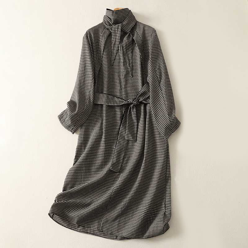 Buddha Stones Fall Black White Plaid High Neck Lace-up Design Long Sleeve Midi Dress With Pockets