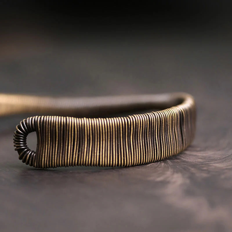 Buddha Stones Simple Design Wrapped Brass Copper Luck Wealth Adjustable Cuff Bracelet