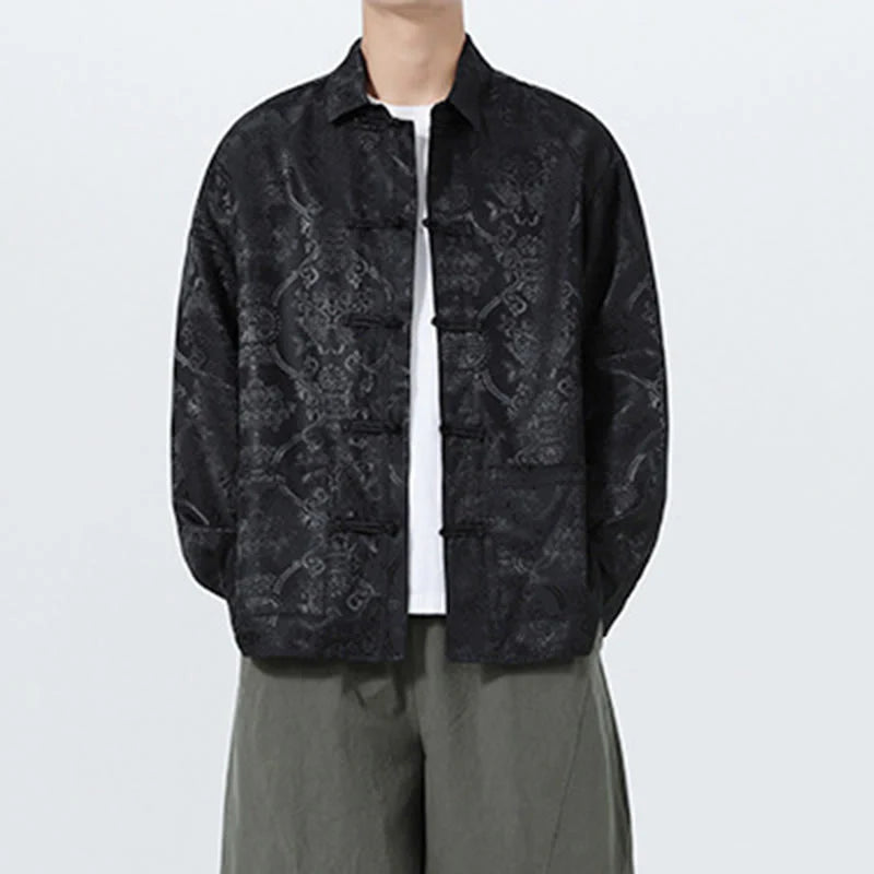 Buddha Stones Spring Jacquard Lapel Long Sleeve Men's Tang Suit Frog-Button Jacket With Pockets