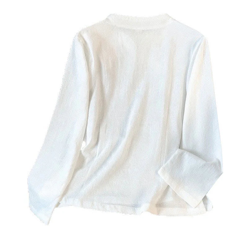 Buddha Stones Commute Jacquard Chinese Frog-Button Mandarin Collar Long Sleeve Women's Cotton Shirt