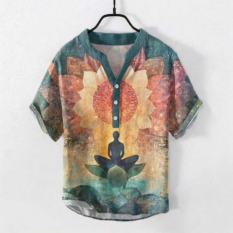 Buddha Stones Cotton Lotus Meditating Figure Pattern Men's Short Sleeve Half Button Shirt