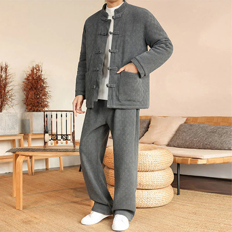 Buddha Stones 2Pcs Winter Solid Men's Tang Suit Frog-Button Cotton Long Sleeve Jacket Pants Set With Pockets