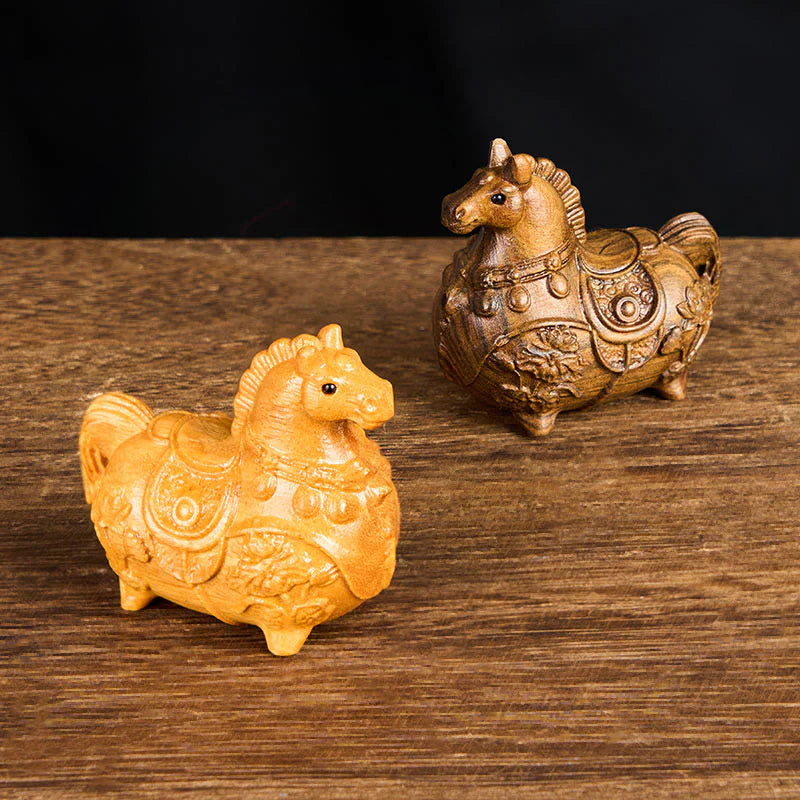 Buddha Stones Mini Year of the Horse Lotus Ebony Linden Wood Green Sandalwood Decoration 5.5*5*3.2cm