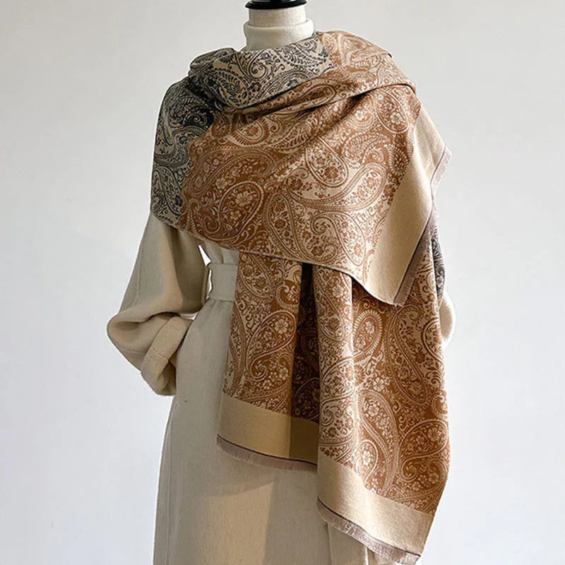 Buddha Stones Winter Thermal Color Matching Paisley Vines Pattern Tassel Cozy Scarf Shawl