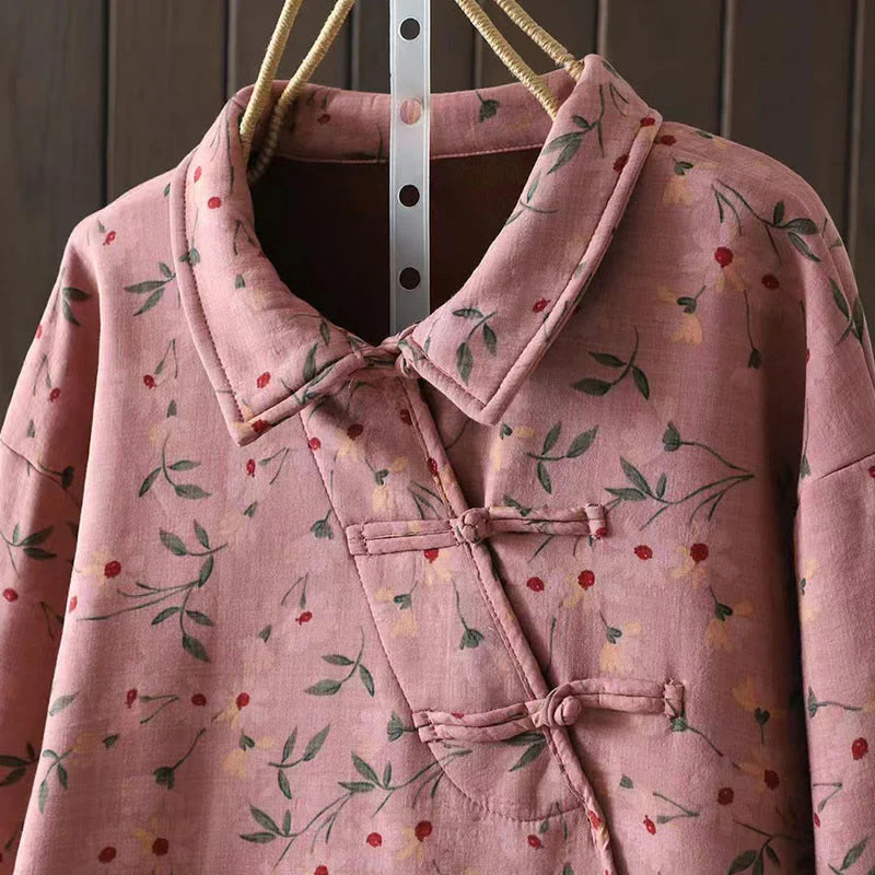Buddha Stones Winter Flower Green Leaves Frog-Button Stand Collar Long Sleeve Women's Cotton Shirt