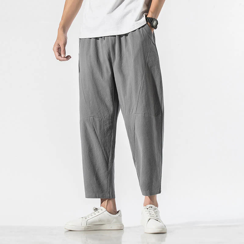 Buddha Stones Vintage Jacquard Solid Color Drawstring Cotton Linen Men's Harem Pants With Pockets