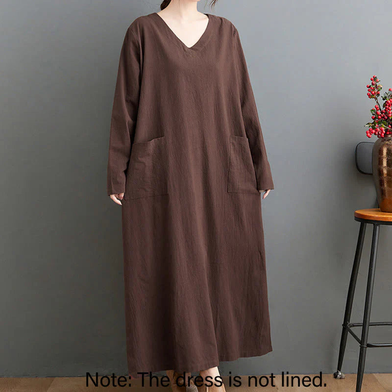 Buddha Stones Fall Casual Simple Design Long Sleeve Cotton Linen Maxi Dress With Pockets