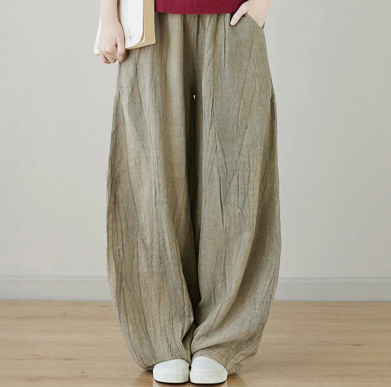 Buddha Stones Casual Plain Loose Tie-Dye Distressed Women's Ramie Pants With Pockets