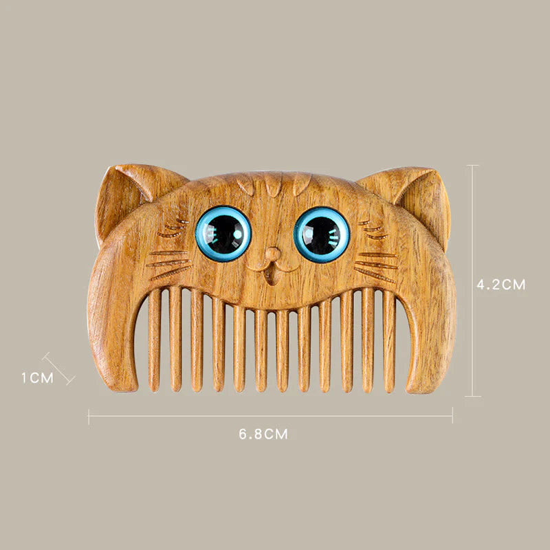 Buddha Stones Simple Cat Pattern Green Sandalwood Cure Portable Comb