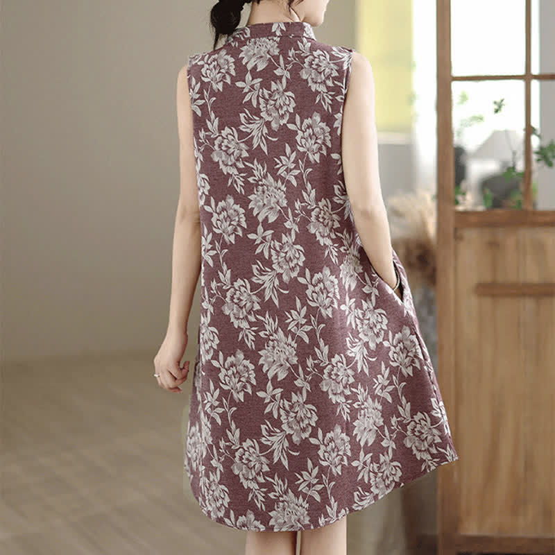 Buddha Stones Frog-button Mandarin Collar Floral Pattern Sleeveless Cotton Mini Dress With Pockets