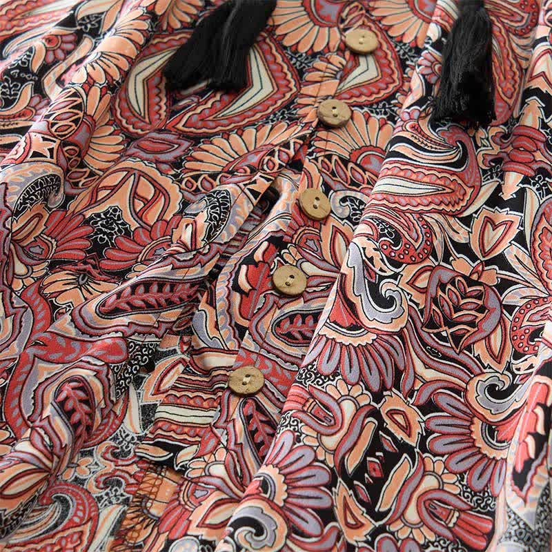 Buddha Stones Summer Peacock Paisley Tie Waist Viscose Lantern Sleeves Maxi Dress