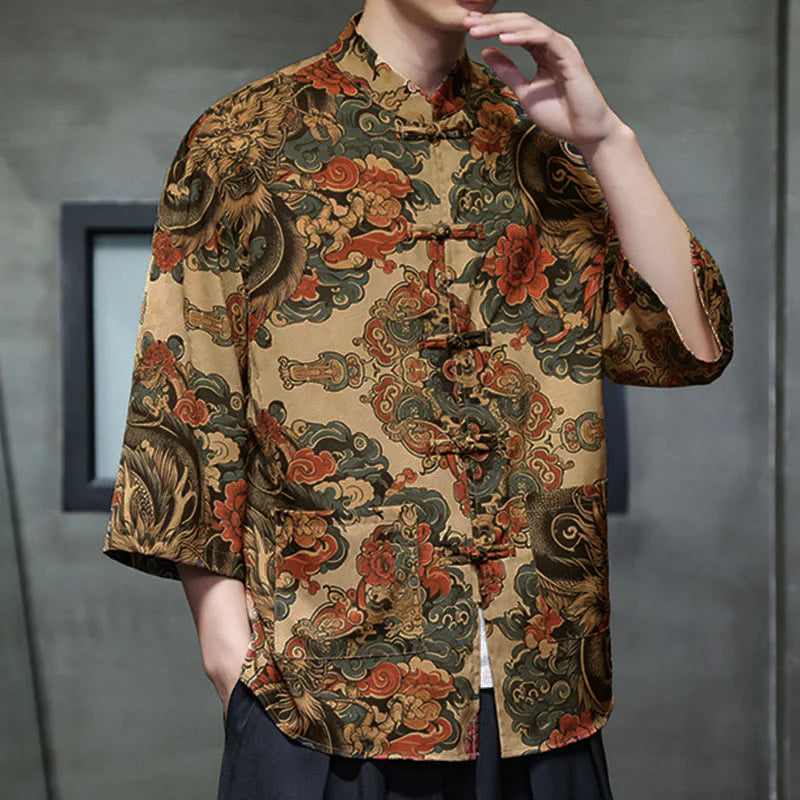 Buddha Stones Spring Frog-Button Dragon Mountain Flower Three Quarter Sleeve Tang Suit Men's Shirt With Pockets